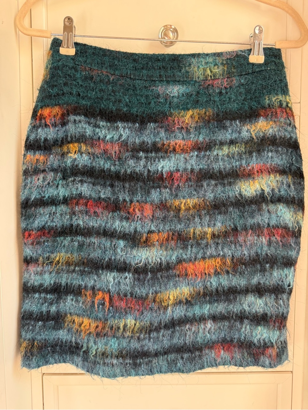Maeve Teal Mohair Fuzzy Striped Pencil Skirt with Multicolor Accents
